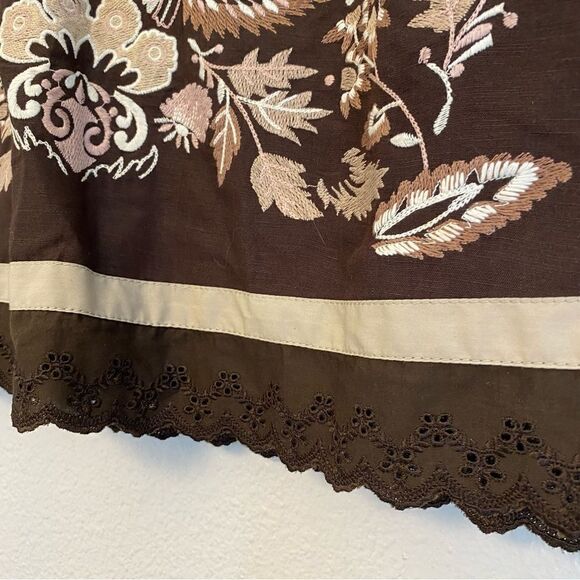 Ann Taylor Loft floral embroidered brown linen blend lined A line skirt midi -6 - Picture 5 of 10